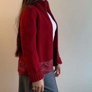 Authentic Moncler Cardigan Wool Dark Red Zip Front Knit Jacket with Nylon Hem